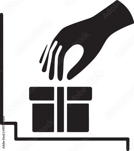 Hand picking up present box from conveyor belt or shelf for delivery service