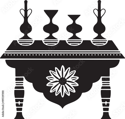 Ornate traditional arabic table setting silhouette with four jugs and central decorative flower element design