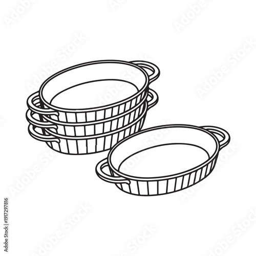 A stack of four oval baking dishes and a single dish all line art style