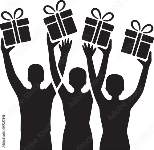 People celebrating with gifts icon vector illustration black silhouette group holding presents