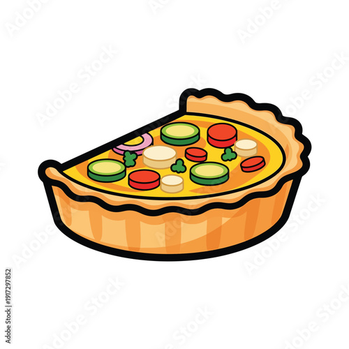 Illustration of a quiche with vegetables and cheese, viewed from the side, showcasing a delicious dish in a graphic format