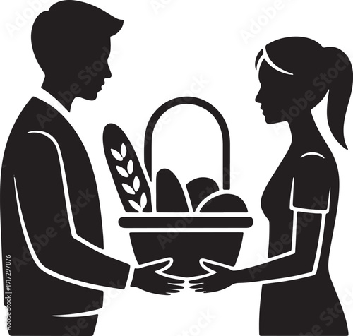 People give present icon, giving holiday basket to person, gift giving icon concept