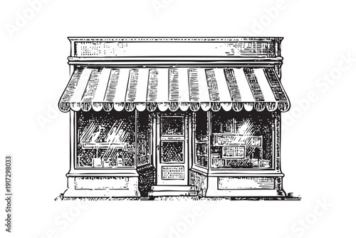 Vintage shop storefront with awning and display windows, black and white sketch vector