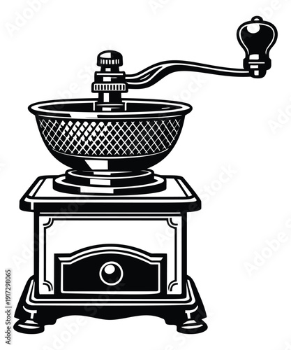 Vintage line art illustration of a coffee grinder depicting a traditional manual appliance for coffee preparation