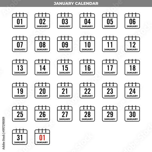 Clean calendar icon set displaying all January dates from 01 to 31 in grid layout, suitable for scheduling, planning, reminder, and timeline design concepts.