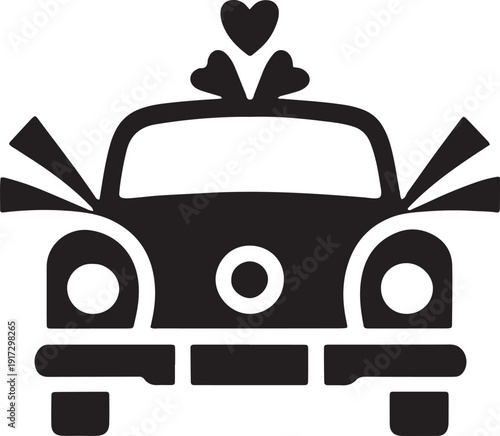 Wedding transportation vehicle icon decorated with hearts and festive bows ready for newlywed couple journey