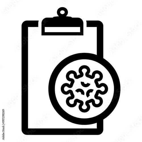 Outline illustration of a clipboard featuring a virus symbol, representing medical reports, infection tracking, healthcare documentation, and disease monitoring concepts.