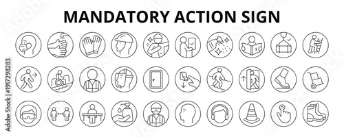 30 Mandatory Action Sign Line Icons Vector - Wear Mask, Use Glove, Wear Helmet, Wear Vest, Use Exit, Eye Protection, Wear Boot