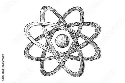 Atom symbol, atomic structure representing nucleus and orbiting electrons, science concept, vector engraving on transparent background.