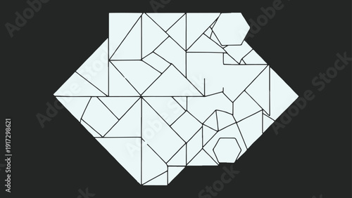 Complex mosaic of white geometric polygons and hexagons arranged in a symmetrical central structure over dark background for technical diagrams architectural planning puzzles and futuristic concepts