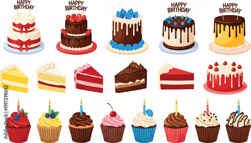 Celebration cake and cupcake vector set with multi-tiered birthday cakes and Red Velvet slices for bakery branding