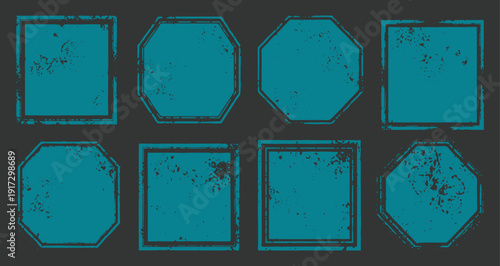 Set of distressed grunge frames and borders, square and octagonal shapes, vector design elements with rough texture, vintage effect on dark background, empty templates for text or images, aged look