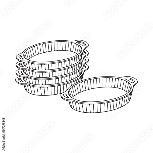 Stack of round baking dishes and a single dish sketched in a simple line art style