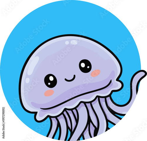 Cute jellyfish cartoon character smiling on blue circle background