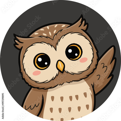 Cute owl cartoon character waving wing on black circle background