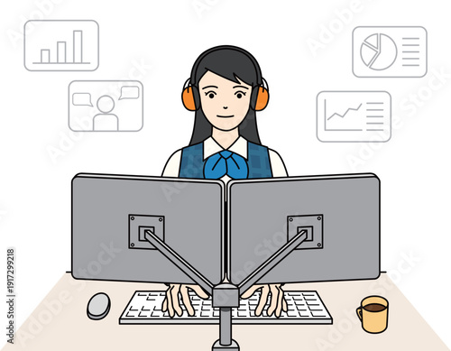 イヤーマフで騒音対策をしてパソコン業務に集中する女性