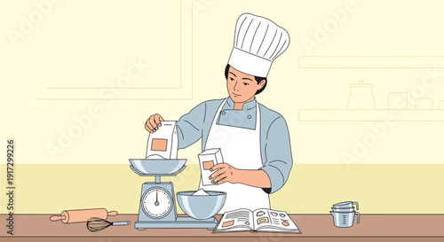 Baker Measuring Flour on Scale for Baking Recipe