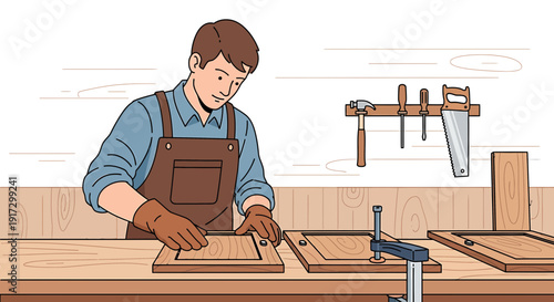 Craftsman working on wooden furniture in a workshop