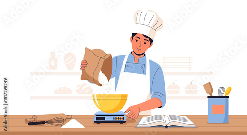 Baker Pouring Flour into Bowl on Scale with Recipe Book