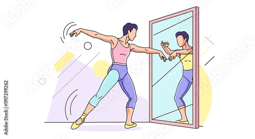 Dancer practicing ballet moves in front of a mirror, artistic background