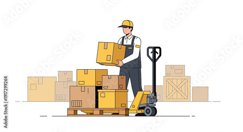 Delivery worker with boxes and pallet jack, logistics and shipping concept