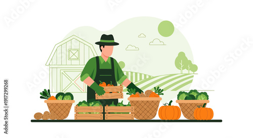 Farmer Harvesting Fresh Vegetables and Pumpkins from Field