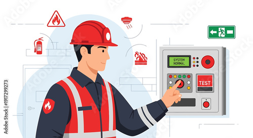 Fire Safety Officer Testing Control Panel, Emergency Equipment Icons