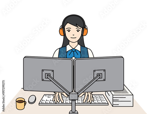 聴覚過敏の対策でイヤーマフを着用しPC作業をする女性