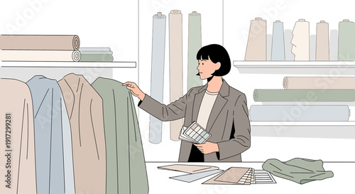 Fashion Designer Choosing Fabric Swatches in a Studio