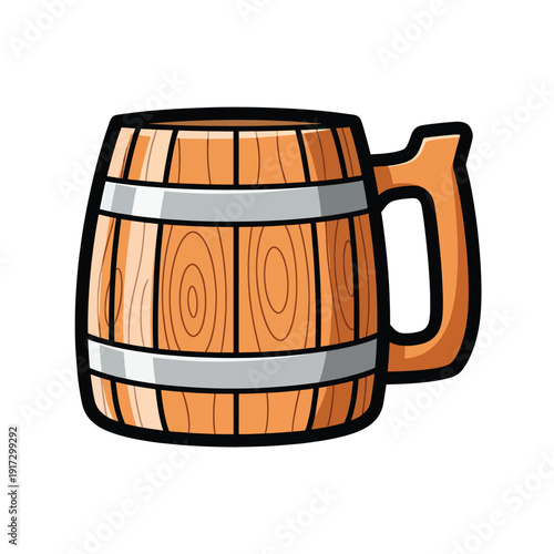Illustration of a wooden beer mug with staves and metal hoops viewed from the side in a clean environment