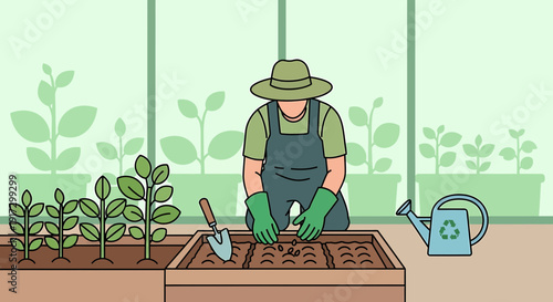 Gardener planting seeds in a raised bed greenhouse, watering can nearby