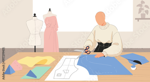 Tailor cutting fabric pattern on table with mannequins and plants in background