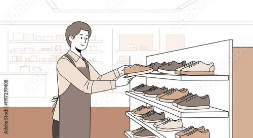 Shoe Store Clerk Arranging Sneakers on Shelves, Retail Display, Customer Service