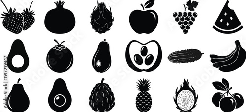 Collection of various fresh fruits in black and white illustrations