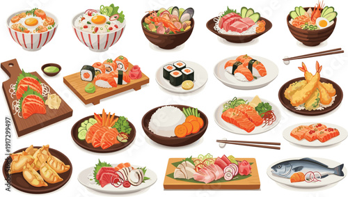 Comprehensive grocery food category vector set with meat seafood bakery and produce for supermarket branding and app design