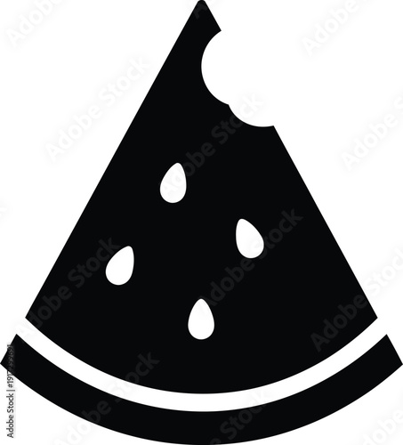 A black and white illustration of a bitten watermelon slice