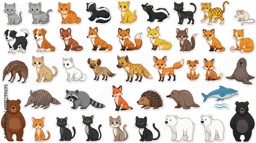 Wildlife animal sticker vector megaset with foxes bears cats and exotic mammals for children's scrapbooking and educational apps