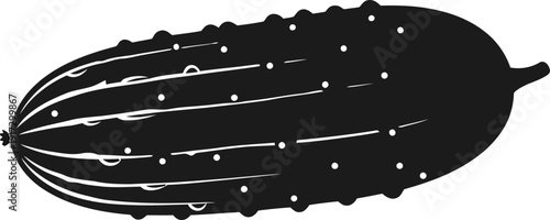 Black silhouette of a pickle with bumpy skin and stem on a white background
