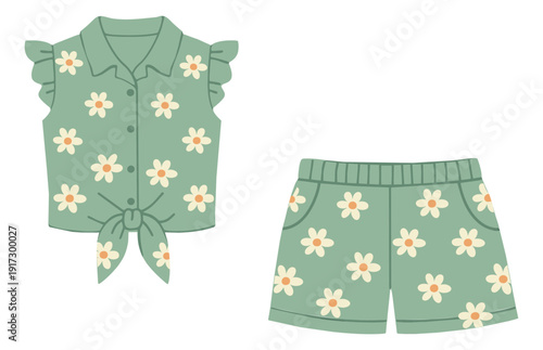 Flat design illustration set featuring a ruffled tie-front top and shorts with a daisy pattern for summer fashion