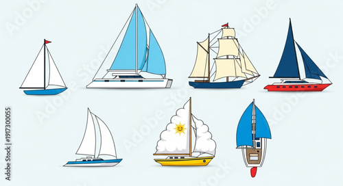 Collection of various sailboats on a light blue background.