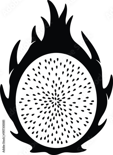A black silhouette illustration of a dragon fruit with a spiky crown and textured body