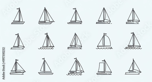 Collection of Hand Drawn Sailboat Illustrations on White Background.