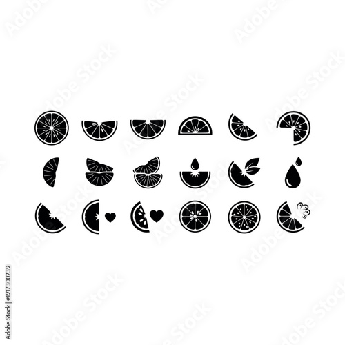 Black and white illustration of various citrus slice icons on a white background