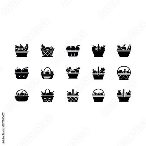 Fresh fruit baskets with various contents on display for shopping at market stalls outdoors.