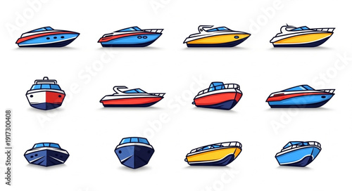 Collection of twelve colorful speedboats and yachts in various views.