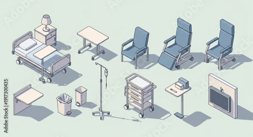 Collection of isometric medical equipment and furniture.