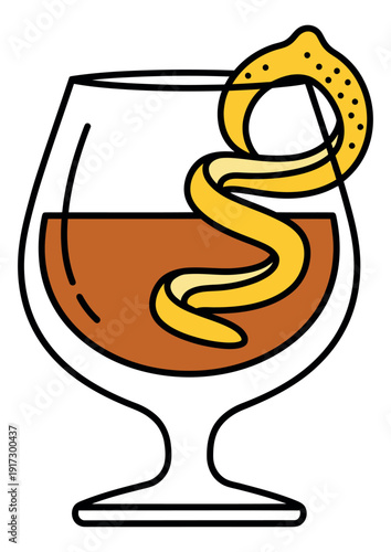 Line art illustration of a snifter glass depicting a brandy cocktail with a lemon peel for bar menus