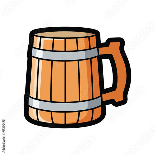 A cartoon wooden beer mug with a handle, illustration, front view, isolated on a plain background