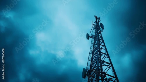 Telecommunications tower standing tall against a dramatic dark blue sky, actively providing essential connectivity and broadcasting services for modern communication infrastructure