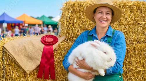 Smiling Woman Holding Award-Winning Fluffy Angora Rabbit at Agricultural Fair with Winner Ribbon Against Straw Bales for Rural Lifestyle Blogs and Livestock Competition Content